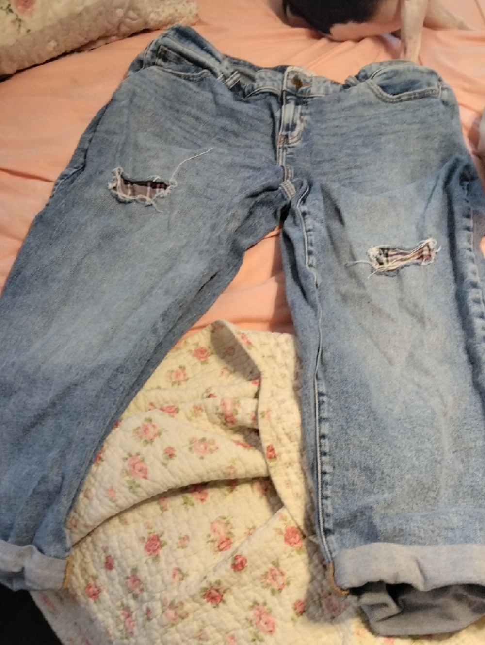 Lane Bryant Light Blue Distressed Boyfriend Jeans With Burgundy Plaid Patches